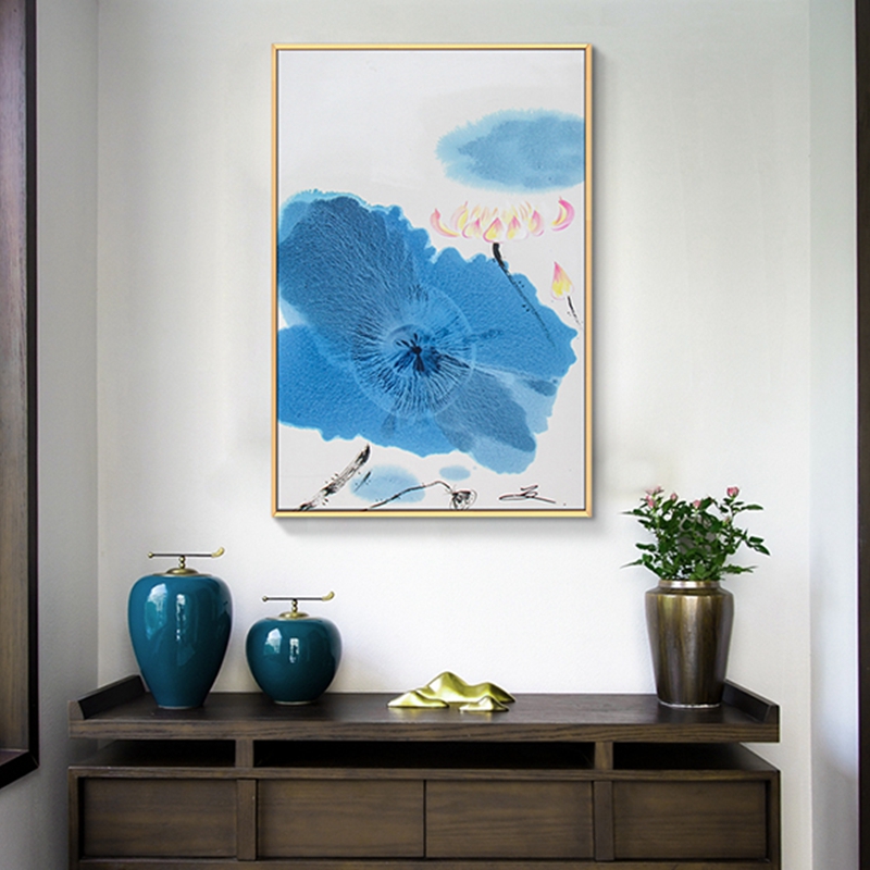 新中式客廳裝飾畫(huà) 臥室原創(chuàng)純手繪禪意圖 玄關(guān)鋁合金框掛畫(huà) 荷葉2